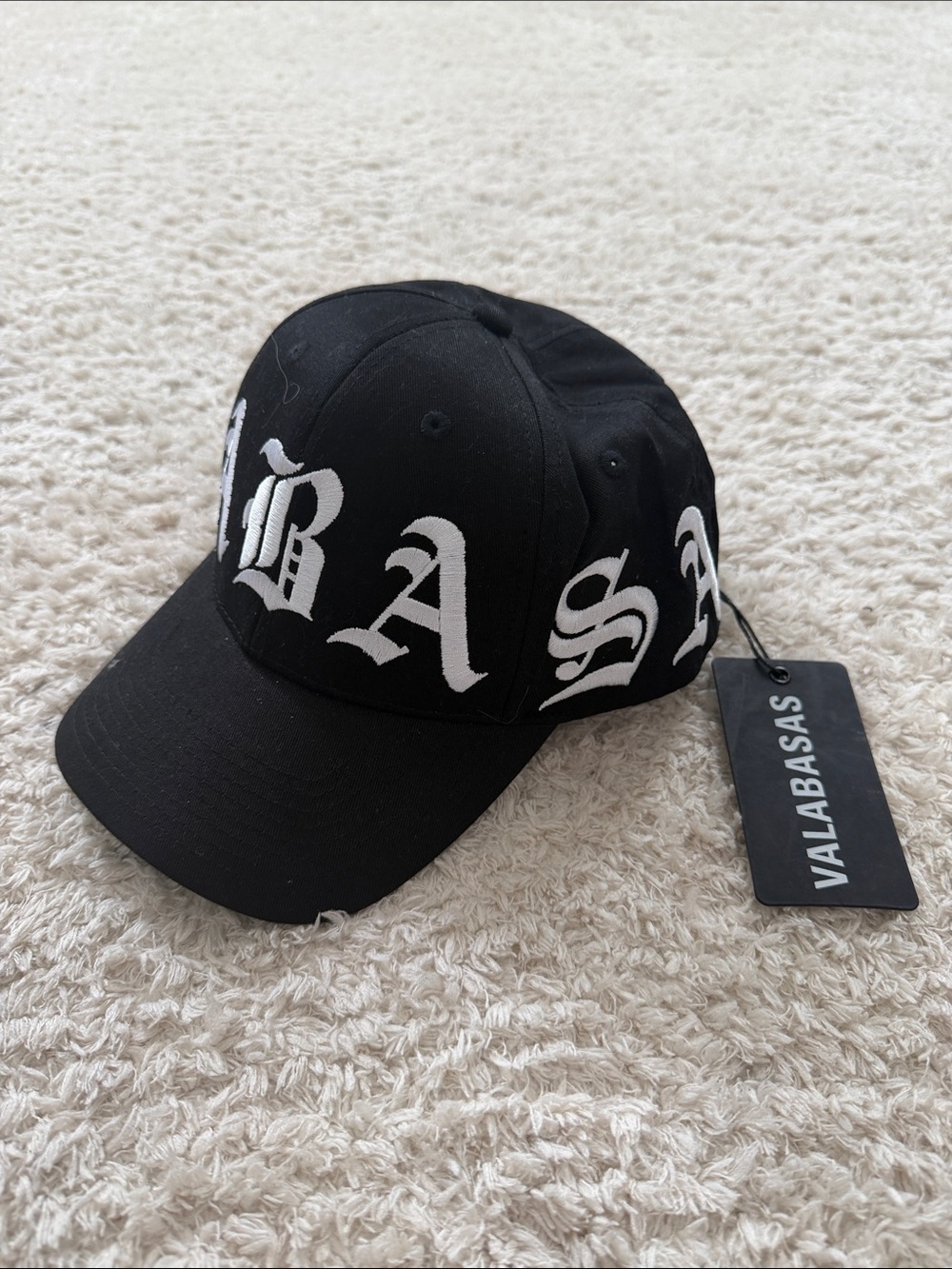 Valabasas Gothic Script Snapback Hat – Black/White Streetwear Cap